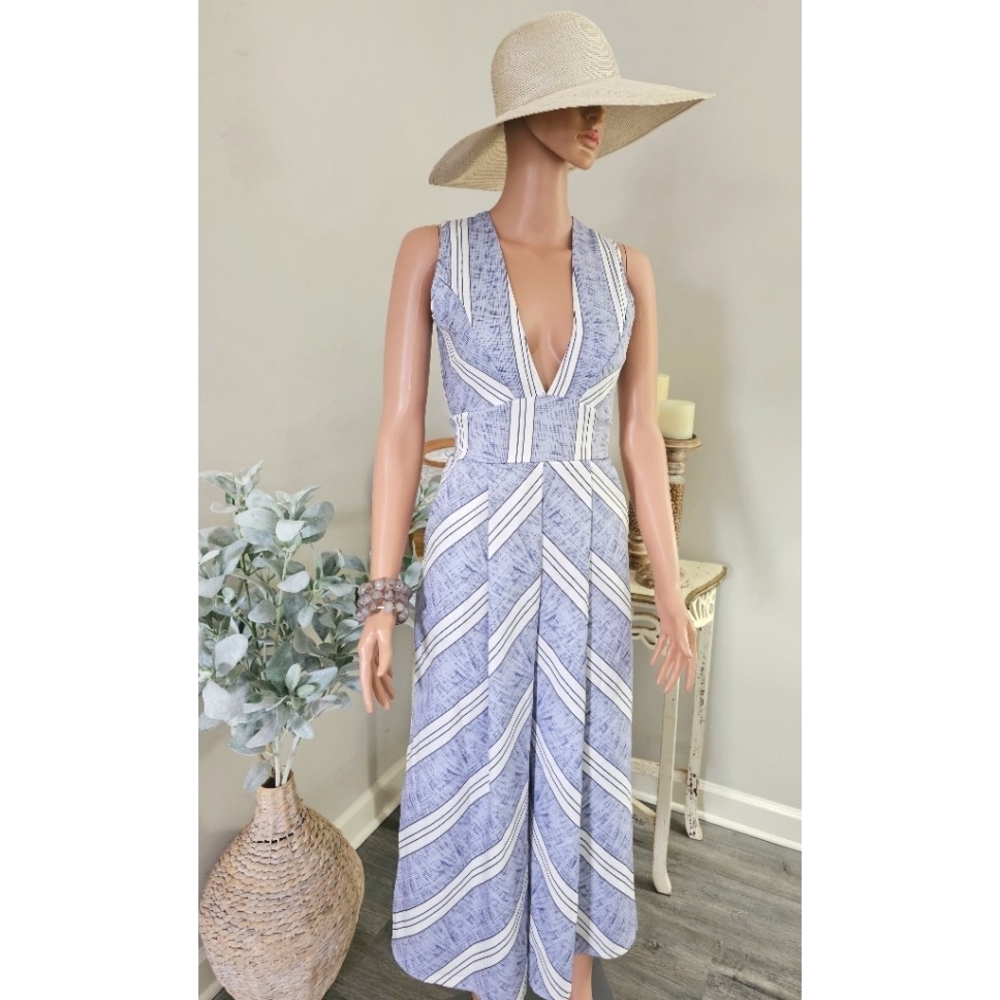ECOWISH White Blue Deep V-Neck Sleeveless High Waist Wide Legs Jumpsuit Medium